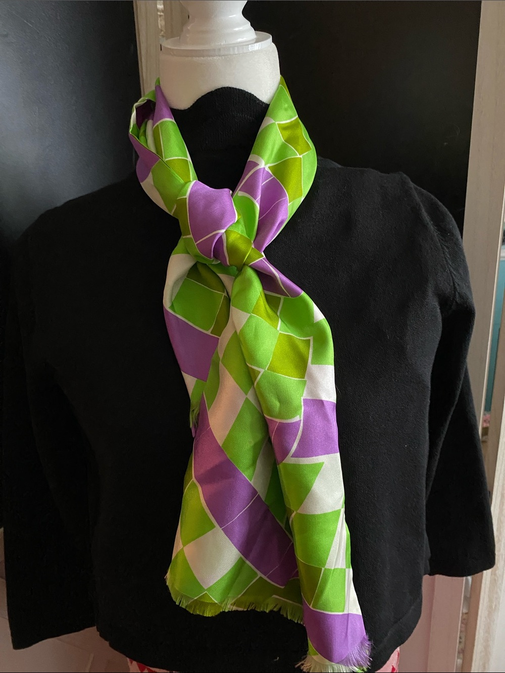 Rare Vera Neumann Unsigned purple and Green Silk Scarf with Vera Tag